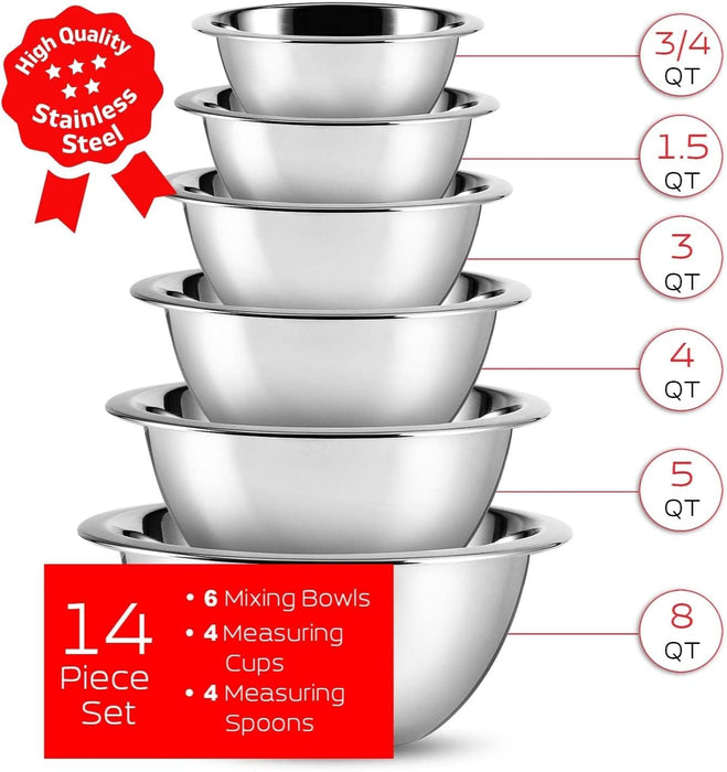 Stainless Steel Mixing Bowl Set and Measuring Spoons - 10 Piece